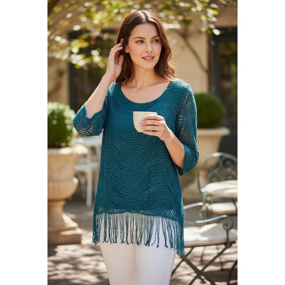 Melissa Paige Blouse 3/4 Sleeve Lined Fringe Dark Teal Women's Large EUC - Picture 1 of 7